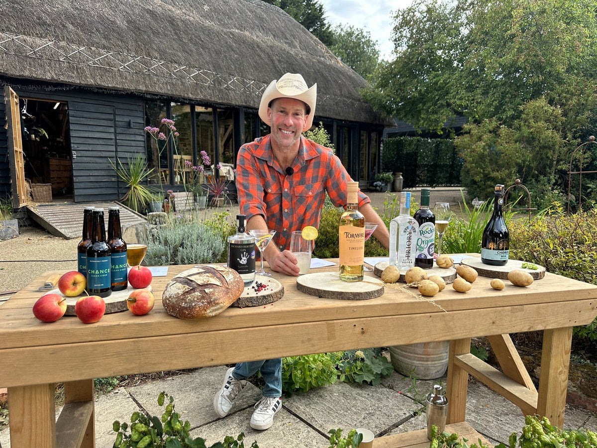 The Love Your Weekend Harvest Festival table of British autumn produce, with a bottle of Chorus Fine English Sparkling Beer on the right