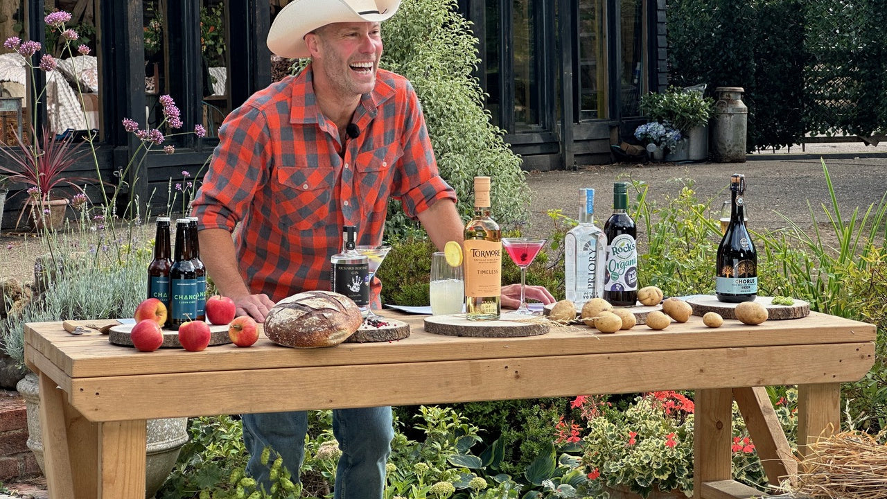 The Love Your Weekend Harvest Festival table of British autumn produce, with a bottle of Chorus Fine English Sparkling Beer on the right